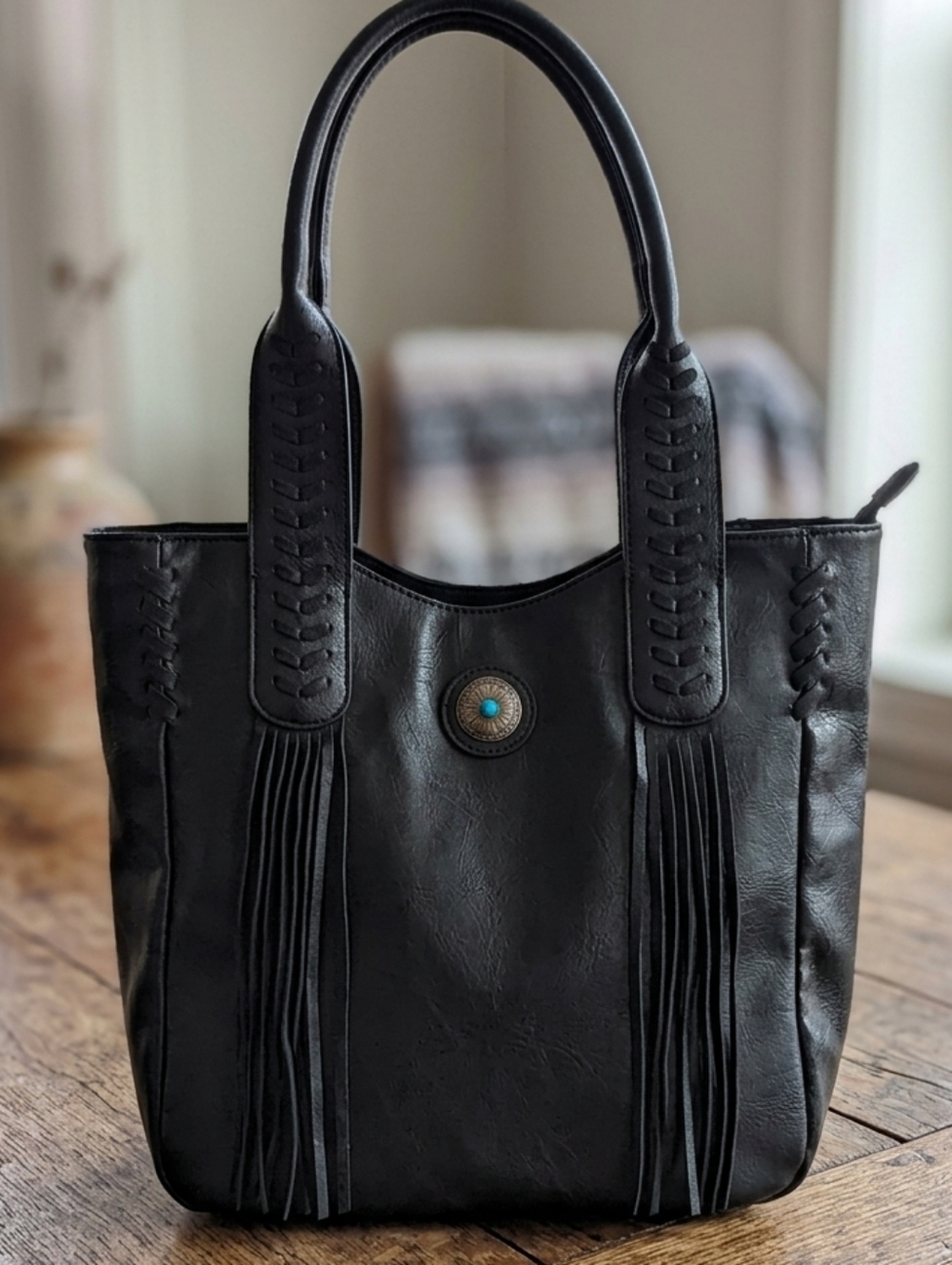 Sam & Hadley Western Black Faux Leather Fringe Tote Bag with Turquoise Concho